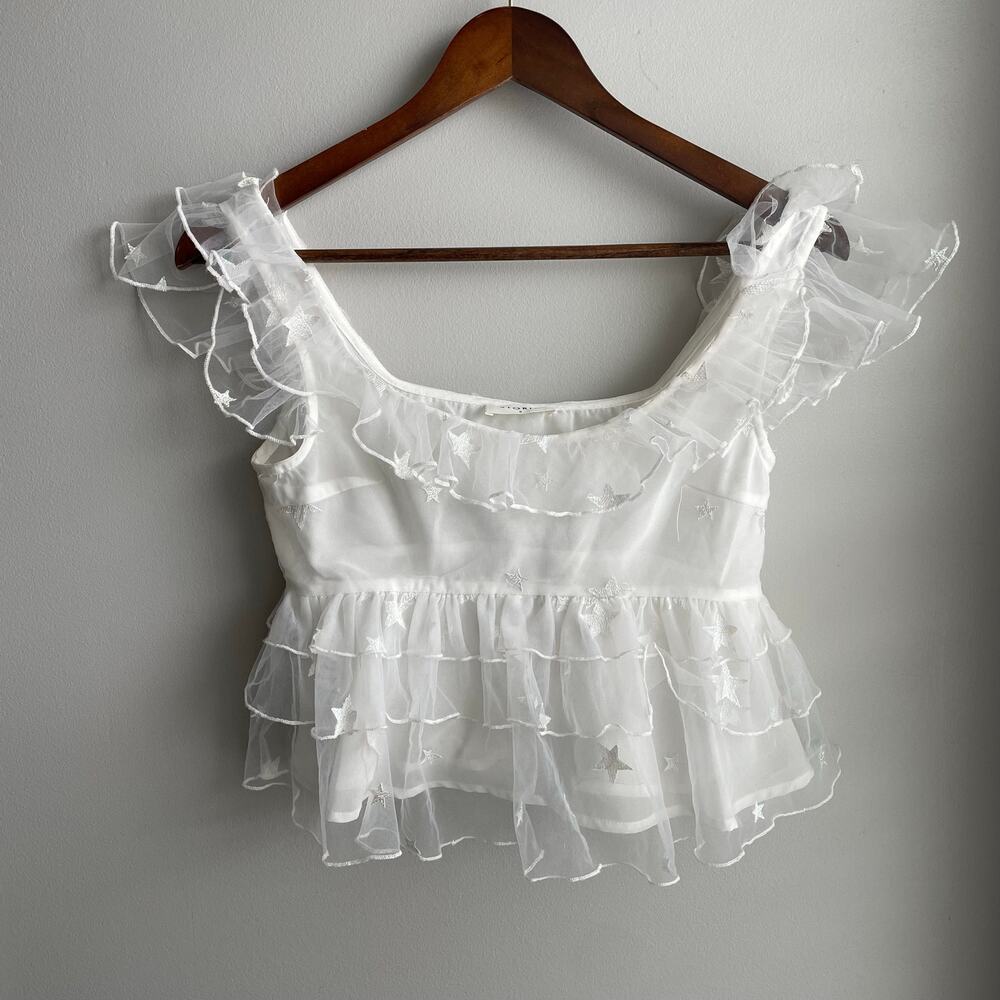 Storia White Baby Doll Tiered Top Blouse Star Embroidery Sheer size S